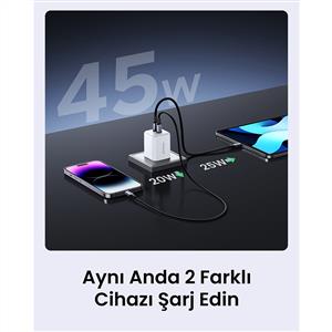 UGREEN 45W GaN Hızlı Şarj Cihazı Type-C QC PD 2xUSB-C, Beyaz