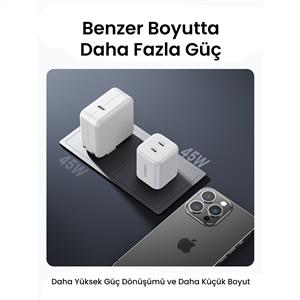 UGREEN 45W GaN Hızlı Şarj Cihazı Type-C QC PD 2xUSB-C, Beyaz