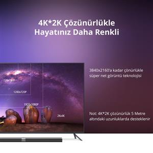 UGREEN UHD 4K Yüksek Hızlı Ethernet ve HDMI Kablosu, 1 Metre - Siyah
