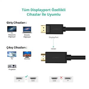UGREEN 4K Displayport to HDMI Dönüştürücü Kablo 3 Metre - Siyah