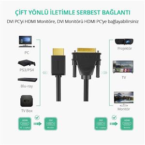 UGREEN HDMI to DVI 1080P Çift Yönlü Görüntü Aktarma Kablosu 3 Metre - Siyah