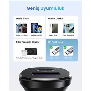 UGREEN 30W 2 Portlu Araç İçi Şarj Cihazı Çakmaklık Adaptörü