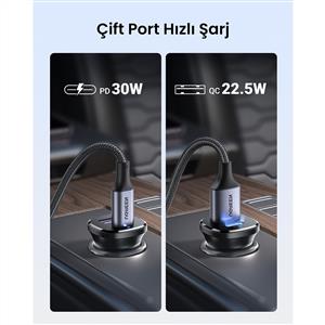 UGREEN 30W 2 Portlu Araç İçi Şarj Cihazı Çakmaklık Adaptörü