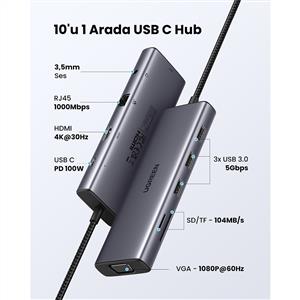 UGREEN 10-in-1 Hub (3xUSB 3.0,100w 4K/30Hz HDMI,RJ45,1080p 60Hz VGA,SD-TF Kart Okuyucu)