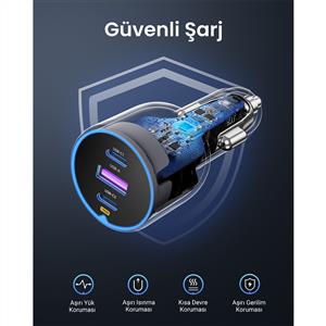 UGREEN 130W 3 Portlu Araç İçi Şarj Cihazı Çakmaklık Adaptörü
