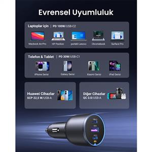 UGREEN 130W 3 Portlu Araç İçi Şarj Cihazı Çakmaklık Adaptörü