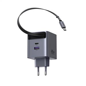 UGREEN 65W Makaralı Dahili Kablolu GaN Hızlı Şarj Cihazı ( 2xUSB-C,1xUSB-A ) -  Gri
