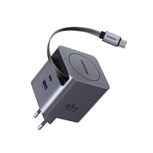 UGREEN 65W Makaralı Dahili Kablolu GaN Hızlı Şarj Cihazı ( 2xUSB-C,1xUSB-A ) -  Gri