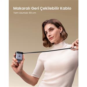 UGREEN 65W Makaralı Dahili Kablolu GaN Hızlı Şarj Cihazı ( 2xUSB-C,1xUSB-A ) -  Gri