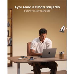 UGREEN 65W Makaralı Dahili Kablolu GaN Hızlı Şarj Cihazı ( 2xUSB-C,1xUSB-A ) -  Gri