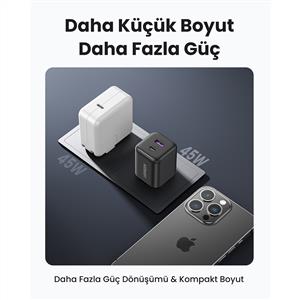 UGREEN 45W GaN Hızlı Şarj Adaptörü ( 1xUSB-C + 1xUSB-A ) - Siyah