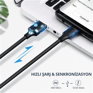 UGREEN USB-A to USB-C 3A QC Hızlı Şarj Kablosu 1.5 Metre - Beyaz