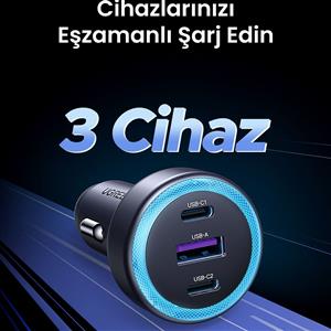 UGREEN 30W 3 Portlu Araç İçi Şarj Cihazı Çakmaklık Adaptörü - Siyah