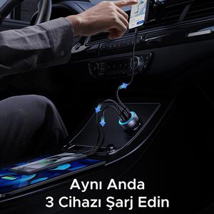 UGREEN 30W 3 Portlu Araç İçi Şarj Cihazı Çakmaklık Adaptörü - Siyah