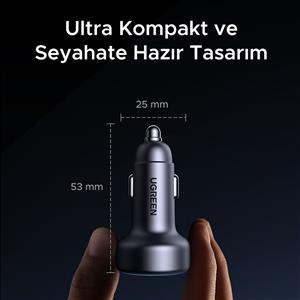 UGREEN 30W 3 Portlu Araç İçi Şarj Cihazı Çakmaklık Adaptörü - Siyah