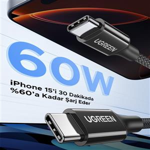 UGREEN USB-C 60W 3A QC PD Örgülü Hızlı Şarj Kablosu 1 Metre - Siyah