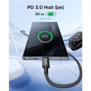 UGREEN USB-C 60W 3A QC PD Örgülü Hızlı Şarj Kablosu 1 Metre - Siyah