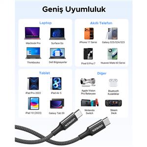 UGREEN USB-C 60W 3A QC PD Örgülü Hızlı Şarj Kablosu 1 Metre - Siyah