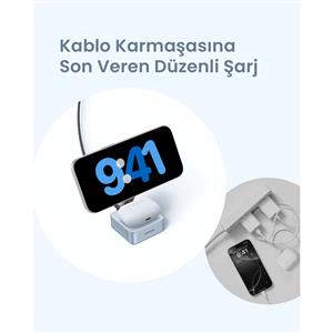 UGREEN MagFlow 2-in-1 25W Magnetik Wireless MagSafe Kablosuz Şarj Standı - Gri
