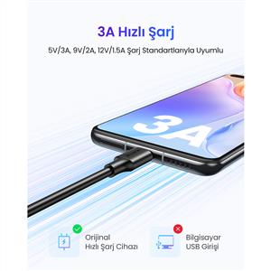 UGREEN USB-C to USB-A 3A QC Hızlı Şarj Kablosu 1 Metre - Siyah