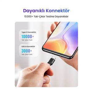 UGREEN USB-C to USB-A 3A QC Hızlı Şarj Kablosu 1 Metre - Siyah