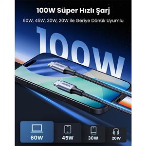 UGREEN USB-C 100W 5A QC PD Örgülü Hızlı Şarj Kablosu 2 Metre - Siyah