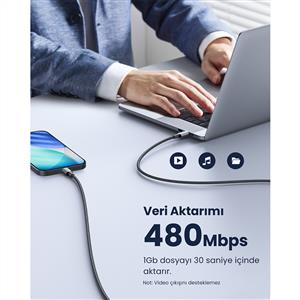 UGREEN USB-C 100W 5A QC PD Örgülü Hızlı Şarj Kablosu 2 Metre - Siyah