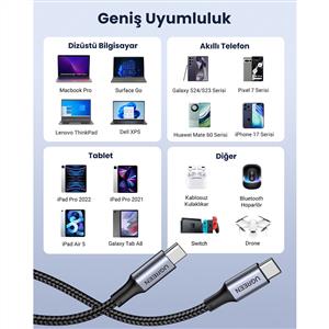 UGREEN USB-C 100W 5A QC PD Örgülü Hızlı Şarj Kablosu 2 Metre - Siyah