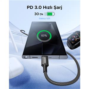 UGREEN USB-C 60W 3A QC PD Örgülü Hızlı Şarj Kablosu 1 Metre - Beyaz