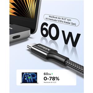 UGREEN USB-C 60W 3A QC PD Örgülü Hızlı Şarj Kablosu 1 Metre - Beyaz