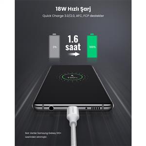 UGREEN USB-C to USB-A 3A QC Örgülü Hızlı Şarj Kablosu 1 Metre - Beyaz