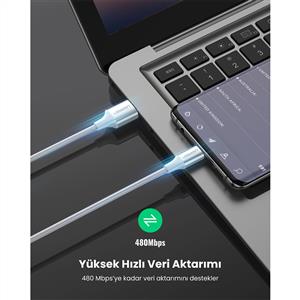 UGREEN USB-C to USB-A 3A QC Örgülü Hızlı Şarj Kablosu 1 Metre - Beyaz