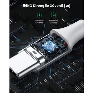 UGREEN USB-C to USB-A 3A QC Örgülü Hızlı Şarj Kablosu 1 Metre - Beyaz