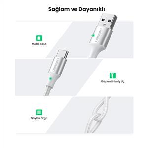UGREEN USB-C to USB-A 3A QC Örgülü Hızlı Şarj Kablosu 1 Metre - Beyaz