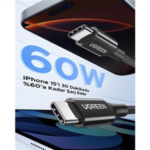 UGREEN USB-C 60W 3A QC PD Örgülü Hızlı Şarj Kablosu 1 Metre - Beyaz