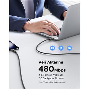 UGREEN USB-C 60W 3A QC PD Örgülü Hızlı Şarj Kablosu 1 Metre - Beyaz