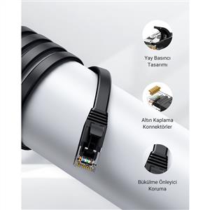 UGREEN CAT6 Flat Ethernet Kablosu, 2 Metre, Siyah
