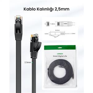 UGREEN CAT6 Flat Ethernet Kablosu, 2 Metre, Siyah