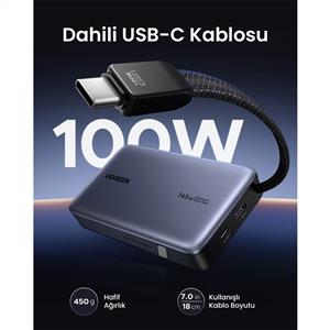 UGREEN Nexode 20.000 mAh 145 W Dahili USB-C Kablolu Hızlı Şarj Powerbank - Siyah