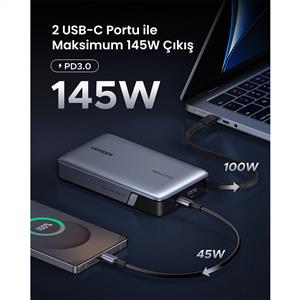 UGREEN Nexode 20.000 mAh 145 W Dahili USB-C Kablolu Hızlı Şarj Powerbank - Siyah