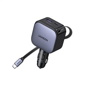 UGREEN 60W USB-C Makaralı Dahili Kablolu USB-C- USB-A Araç Çakmaklık Şarj Cihazı - Siyah