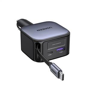UGREEN 60W USB-C Makaralı Dahili Kablolu USB-C- USB-A Araç Çakmaklık Şarj Cihazı - Siyah