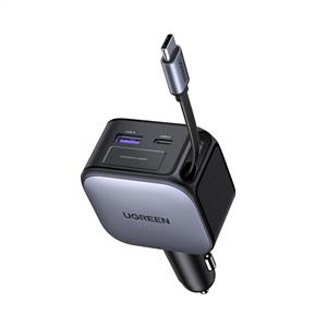 UGREEN 60W USB-C Makaralı Dahili Kablolu USB-C- USB-A Araç Çakmaklık Şarj Cihazı - Siyah