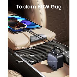UGREEN 60W USB-C Makaralı Dahili Kablolu USB-C- USB-A Araç Çakmaklık Şarj Cihazı - Siyah