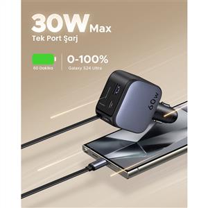 UGREEN 60W USB-C Makaralı Dahili Kablolu USB-C- USB-A Araç Çakmaklık Şarj Cihazı - Siyah
