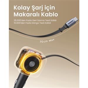 UGREEN 60W USB-C Makaralı Dahili Kablolu USB-C- USB-A Araç Çakmaklık Şarj Cihazı - Siyah