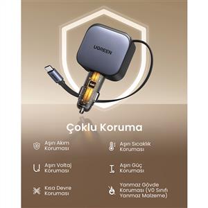 UGREEN 60W USB-C Makaralı Dahili Kablolu USB-C- USB-A Araç Çakmaklık Şarj Cihazı - Siyah