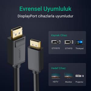 UGREEN 4K 60Hz Displayport to Displayport Kablo, Siyah, 3 Metre