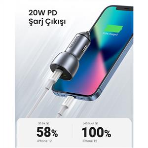 UGREEN 52,5W QC PD USB-C USB-A Hızlı Araç İçi Şarj Cihazı Çakmaklık Adaptörü - Uzay Grisi