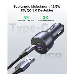 UGREEN 52,5W QC PD USB-C USB-A Hızlı Araç İçi Şarj Cihazı Çakmaklık Adaptörü - Uzay Grisi